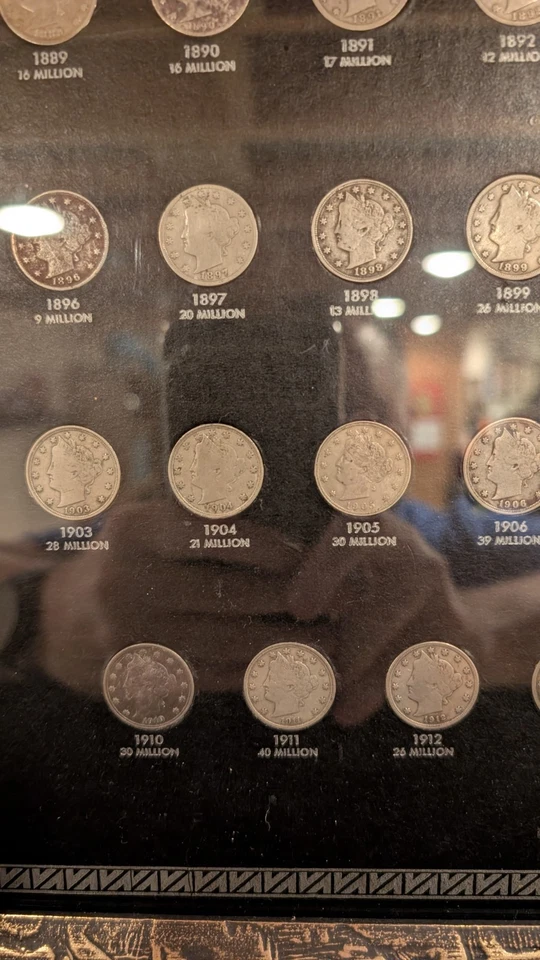 1883-1912 S COMPLETE 33 Coin Liberty Nickel Set On Vintage Board Framed In Glass - Image 4 of 4