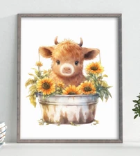 Cow Art Print, Highland Cow With Sunflowers Art Print, Farmhouse Wall Art Decor
