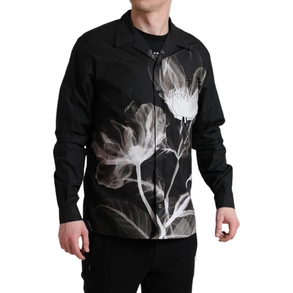 Рубашка DOLCE & GABBANA черная с цветочным рисунком хлопковая с воротником длинные рукава мужская 40/US15,75/M - Изображение 2 из 4