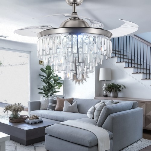 42" Crystal Chandelier Invisible Ceiling Fan 3 Speeds 3 Color LED Light w/Remote - Picture 6 of 31