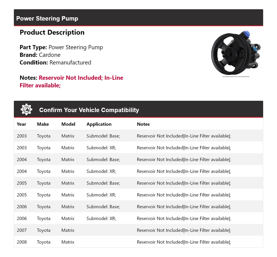 For 2003-2008 Toyota Matrix Power Steering Pump Cardone 2004 2005 2006 2007 - Image 2 of 4