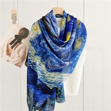 Womens Large Long 100 Mulberry Silk Scarf Vintage Shawl Blue Hand Rolled Gift