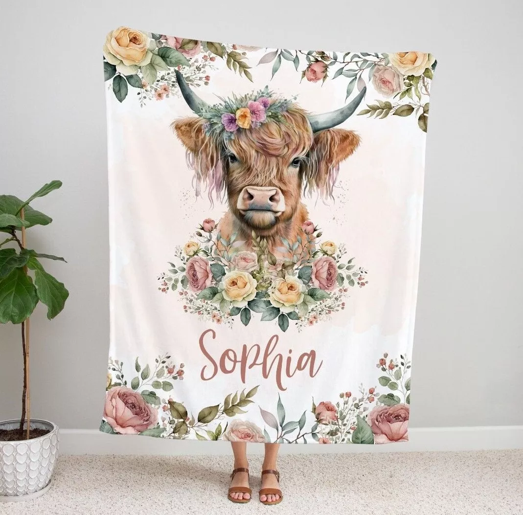 Personalized Adult Minky Blanket, Highland Cow gifts for women