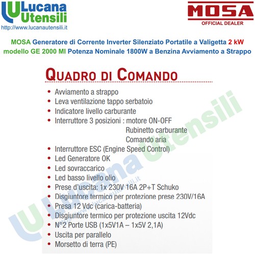 Generatore di Corrente Inverter 2 kW Silenziato MOSA Portatile 1800W GE 2000 MI - Bild 4 von 5