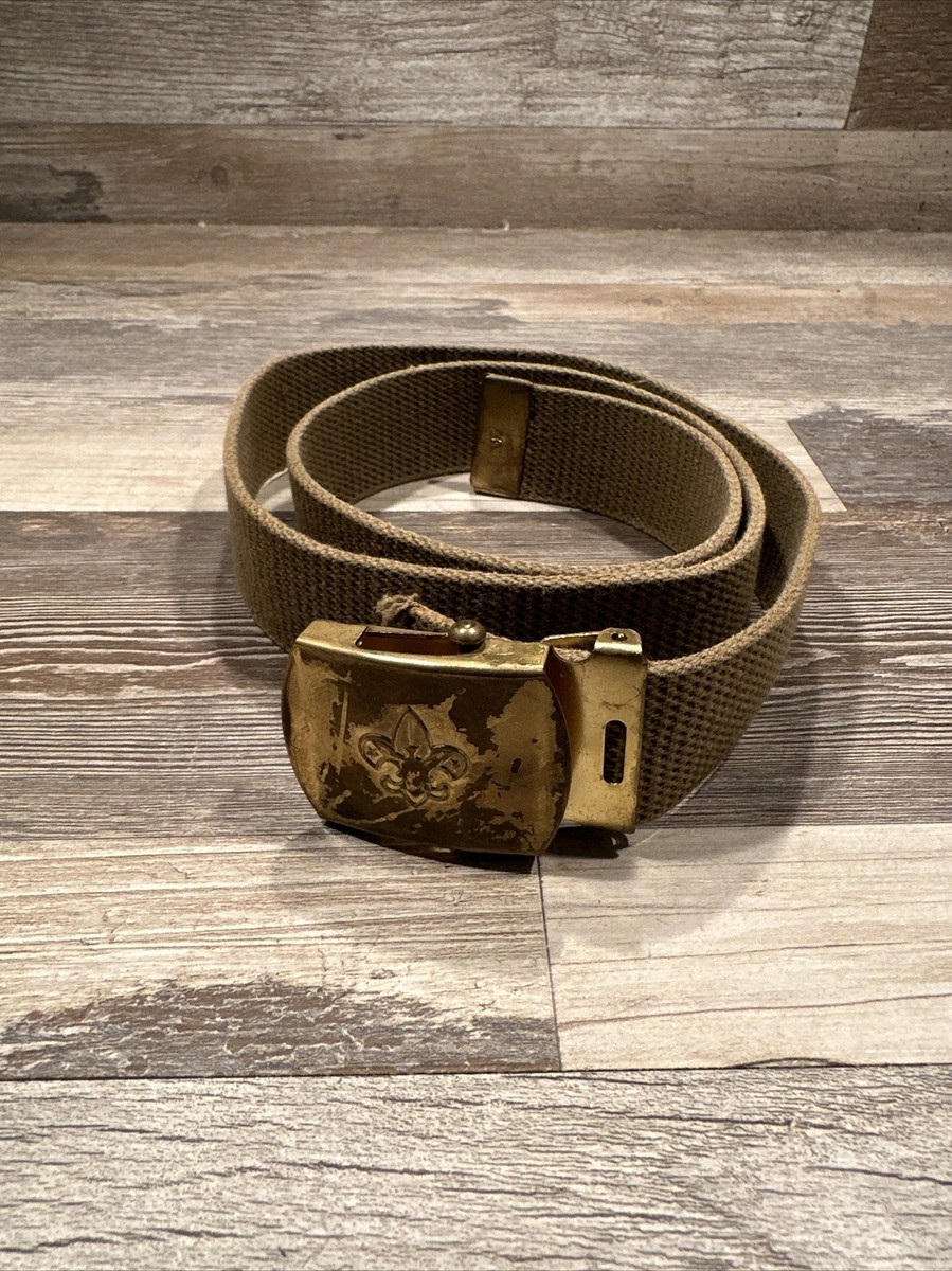 Vintage 60's Brass Boy Scout Belt Buckle And Green Web Belt Vintage 60's Brass Boy Scout Belt Buckle And Green Web Belt