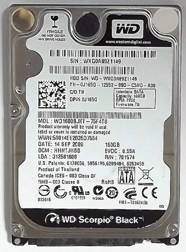 Western Digital (Scorpio Black) Internal HDD 160GB - 7200RPM - 2.5" - WD1600BJKT - Image 2 of 3