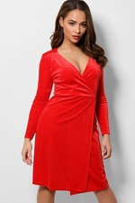 New Ladies Womens Red Velvet Wrap Long Sleeve Midi Evening Dress - Size UK 8