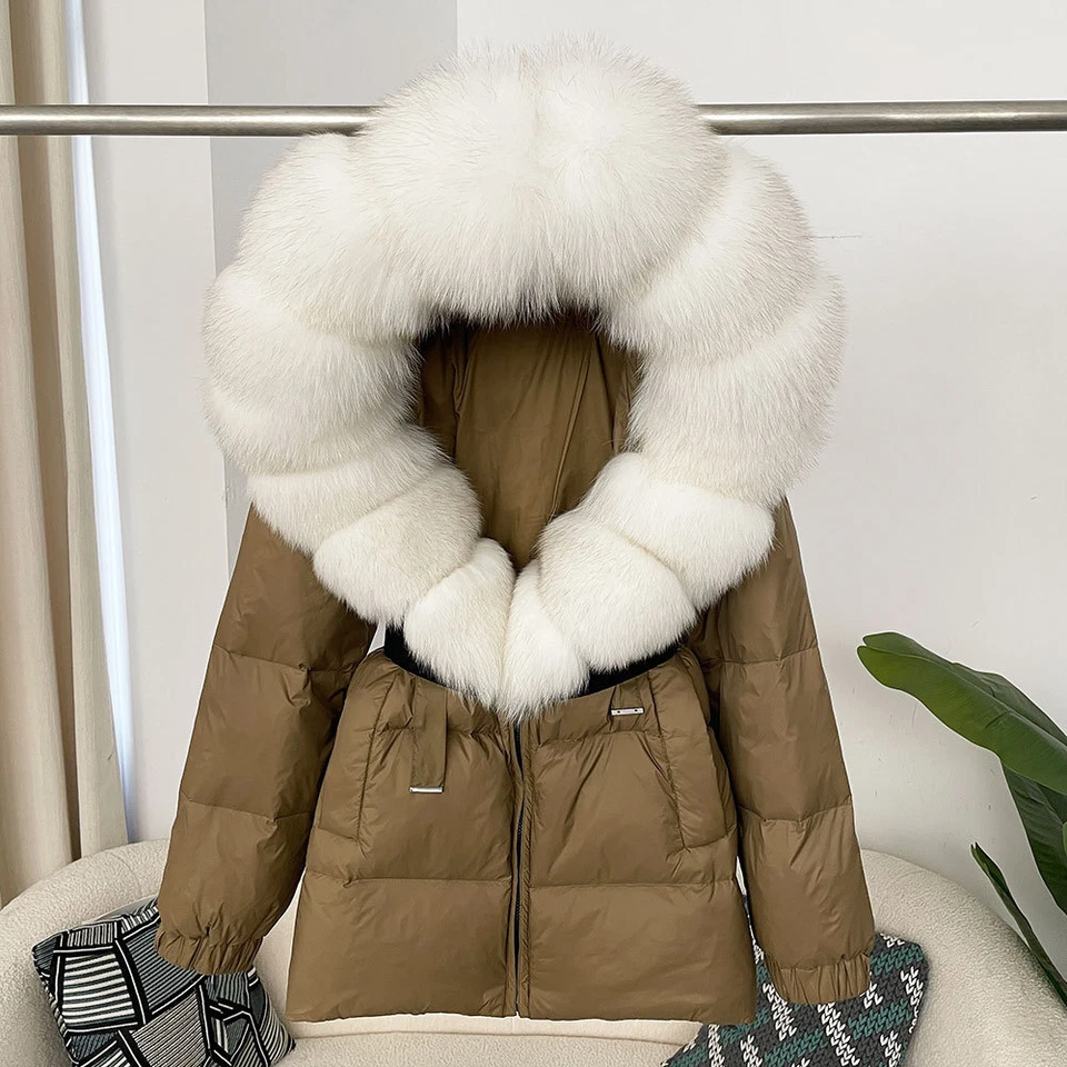 Hooded Womens Real Fox Fur Big Collar Down Jacket Short Coat Overcoat Outwear sz - Image 3 of 4