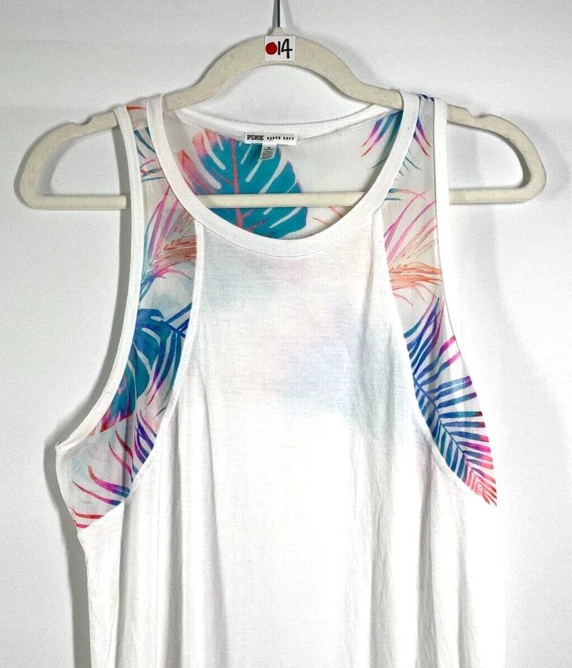 Camiseta sin mangas ROSA súper suave para mujer blanca multicolor malla detalle tropical talla M Foto 3 de 4