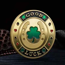 LUCKY COIN WITH SHAMROCK FOUR LEAF CLOVER AND HORSE SHOE,POKER CARD GUARD,PROTEC