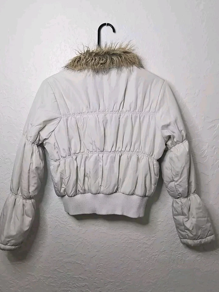 Chaqueta De Colección Paris Azul Talla Lg Cuello de Piel Sintética Cremallera Y2K Puffer Corta LEER Foto 4 de 4