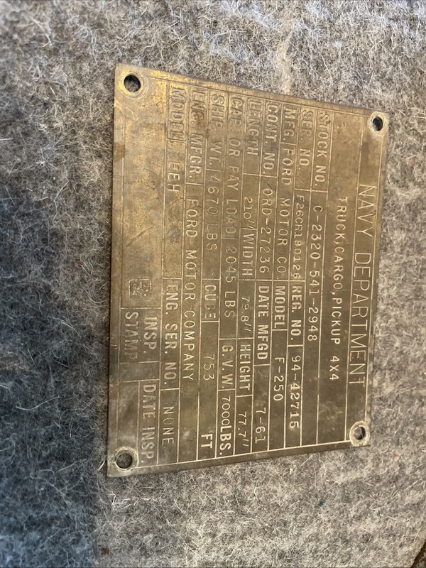 1961 Brass Data Plate Navy Department Ford F-250
