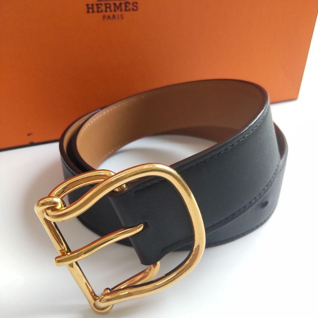 Hermes Sarto 32 Women  Leather Belt Black Yellow Gold Buckle from Japan