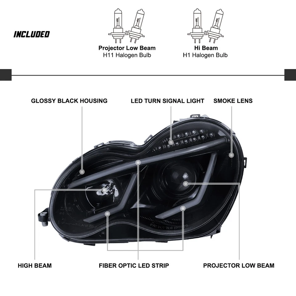 Smoke Projector Headlights Fits 2001-2007 Mercedes Benz W203 C230 C240 LED Strip - Изображение 4 из 4