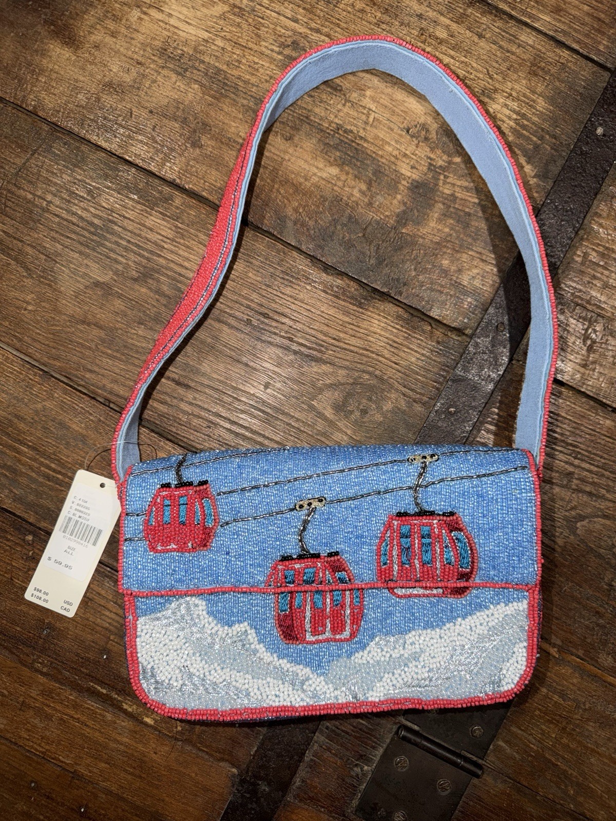 Anthropologie Fiona Beaded Bag  Winter Icon Gondola Ski Lift Handbag Blue NWT
