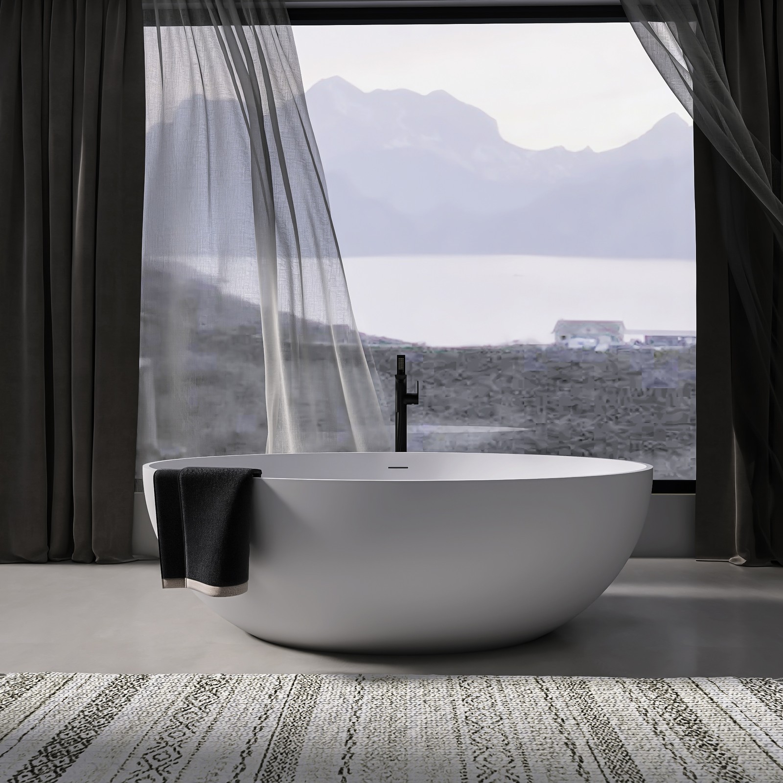 67" Solid Surface Freestanding Bathtub Oval Soaking Tub W/Overflow  Pop-up Drain