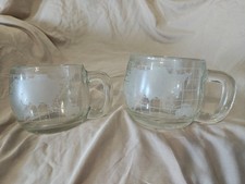 Set of 2 Vintage 1970s Nestle Etched Glass World Globe Flat Coffee Mugs 8oz
