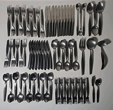 Vtg ELDAN Ebosi Line Stainless Flatware Black Handles Japan 74 Piece Incomplete