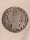 1908 Barber Half Dollar 50c Good Condition.