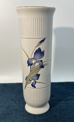 Otagiri  Grand Iris  6 1/2  White Vase With Blue Iris Striped with Gold Trim