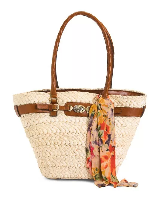 Patricia Nash Vieste Straw Tote With Rainforest Scarf MSRP 229 NWT
