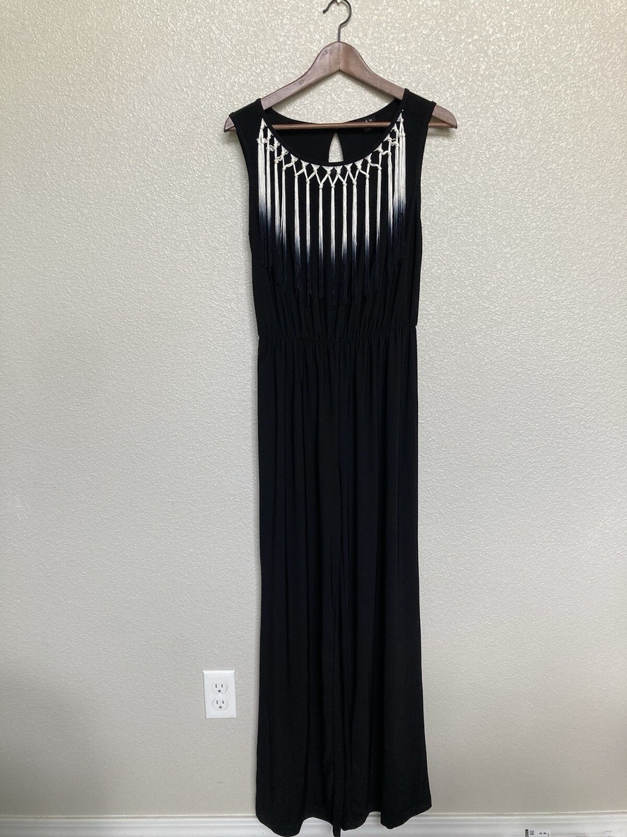 Sami & Jo black fringe jumpsuit size Small sleeveless scoop neck 