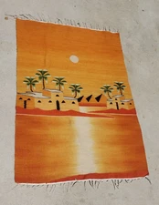 Primative Kilim Woven Wool Tapestry Pyramids, Palm Trees 44" x 17.5"