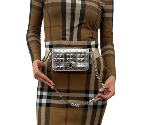 Burberry Silver Chain Strap Quilted Metallic Lola Bum Bag Made In Italy