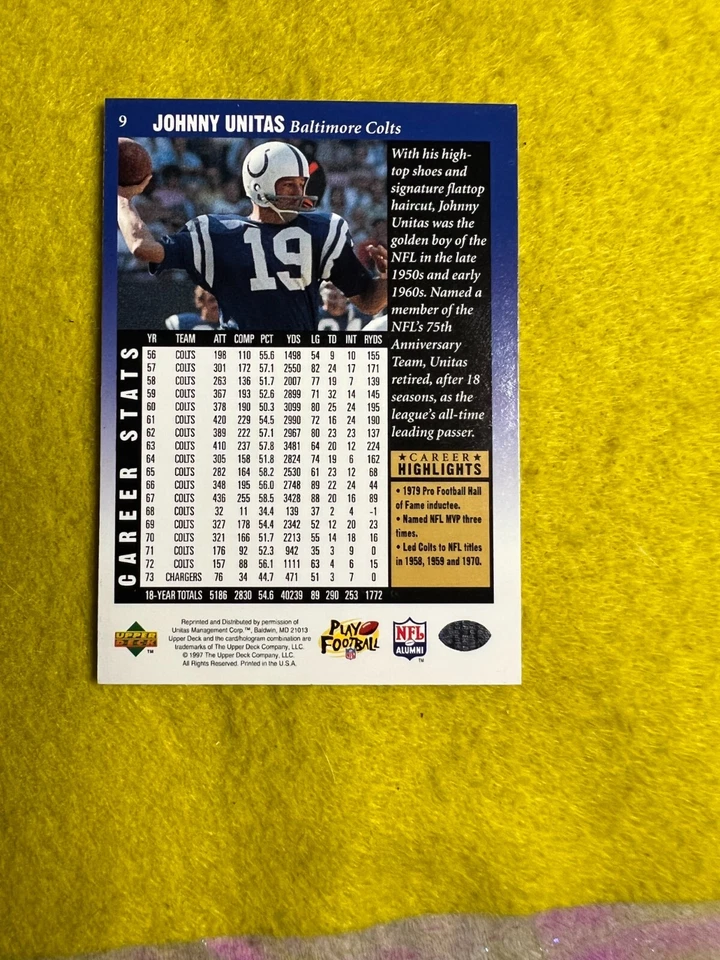 JOHNNY UNITAS BALTIMORE COLTS 1998 UPPER DECK NFL FOOTBALL LEGENDS CARDS 9 - Image 2 of 2