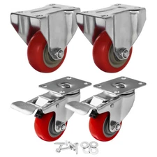 4 Pack Combo 3" Red PU Caster Wheel w/ Hardware (2 Swivel Brake & 2 Rigid Fixed)