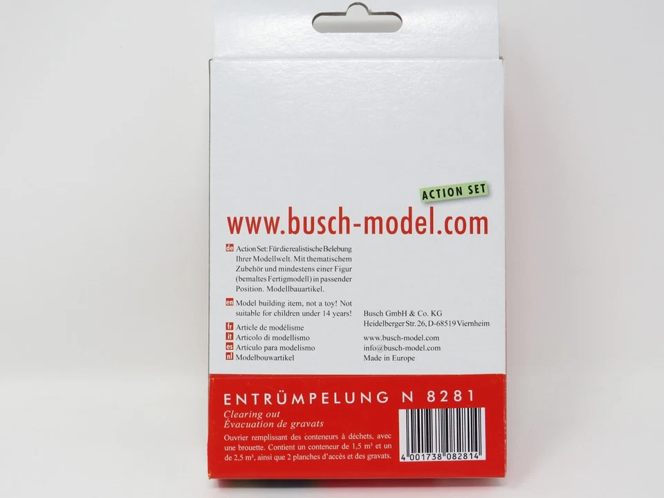 Busch N 8281 Juego de figuras de escena de basura de carretilla de trabajador de contenedores de basura con techo abierto Foto 3 de 3