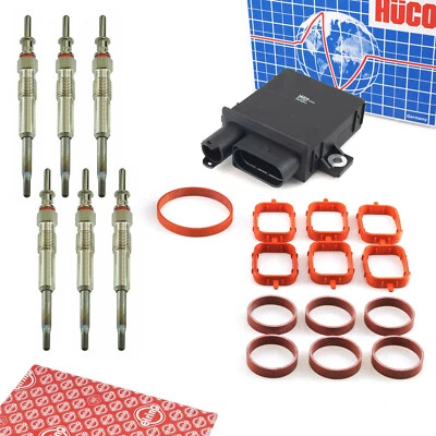 HÜCO Steuergerät Glühzeit + 6x Glühkerzen + ELRING Dichtung Satz für BMW 3 5 7