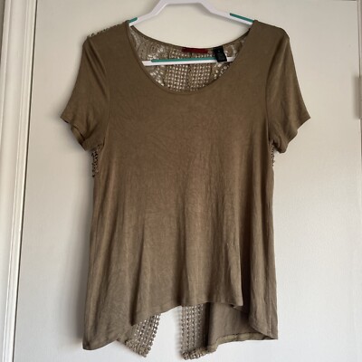 BKE Red Women s Short Sleeve Lacy Slit Back Top Light Brown Medium