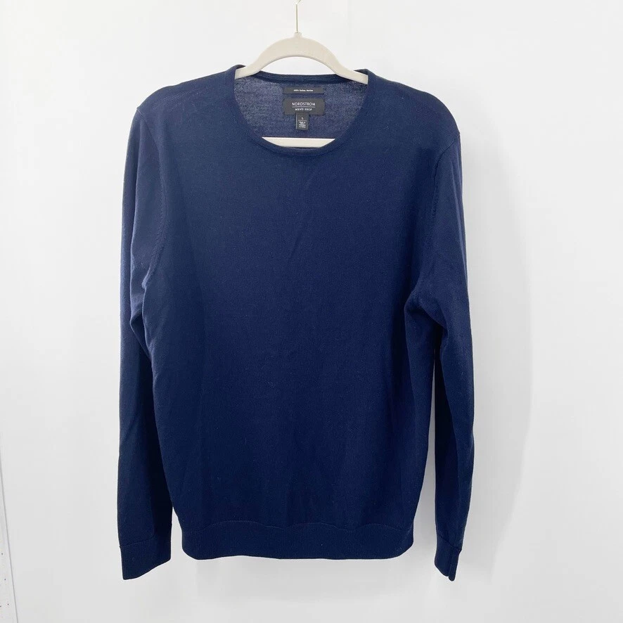 Nordstrom Sweater Mens Navy Blue 100% Merino Wool Pullover Sweater Size Large L