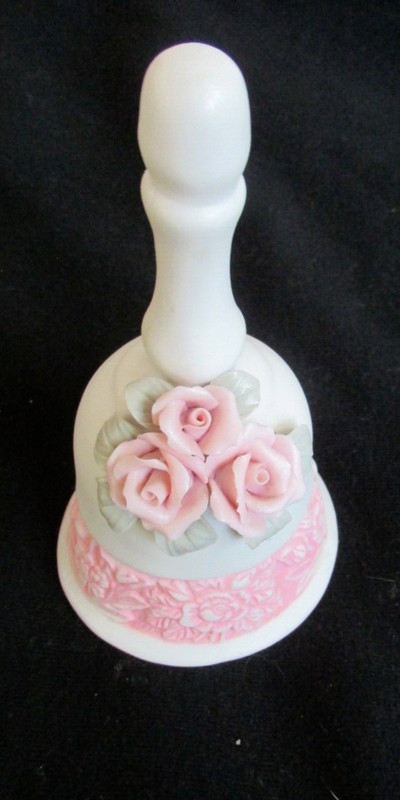 White Porcelain with Pink Band and Pink Roses Bell