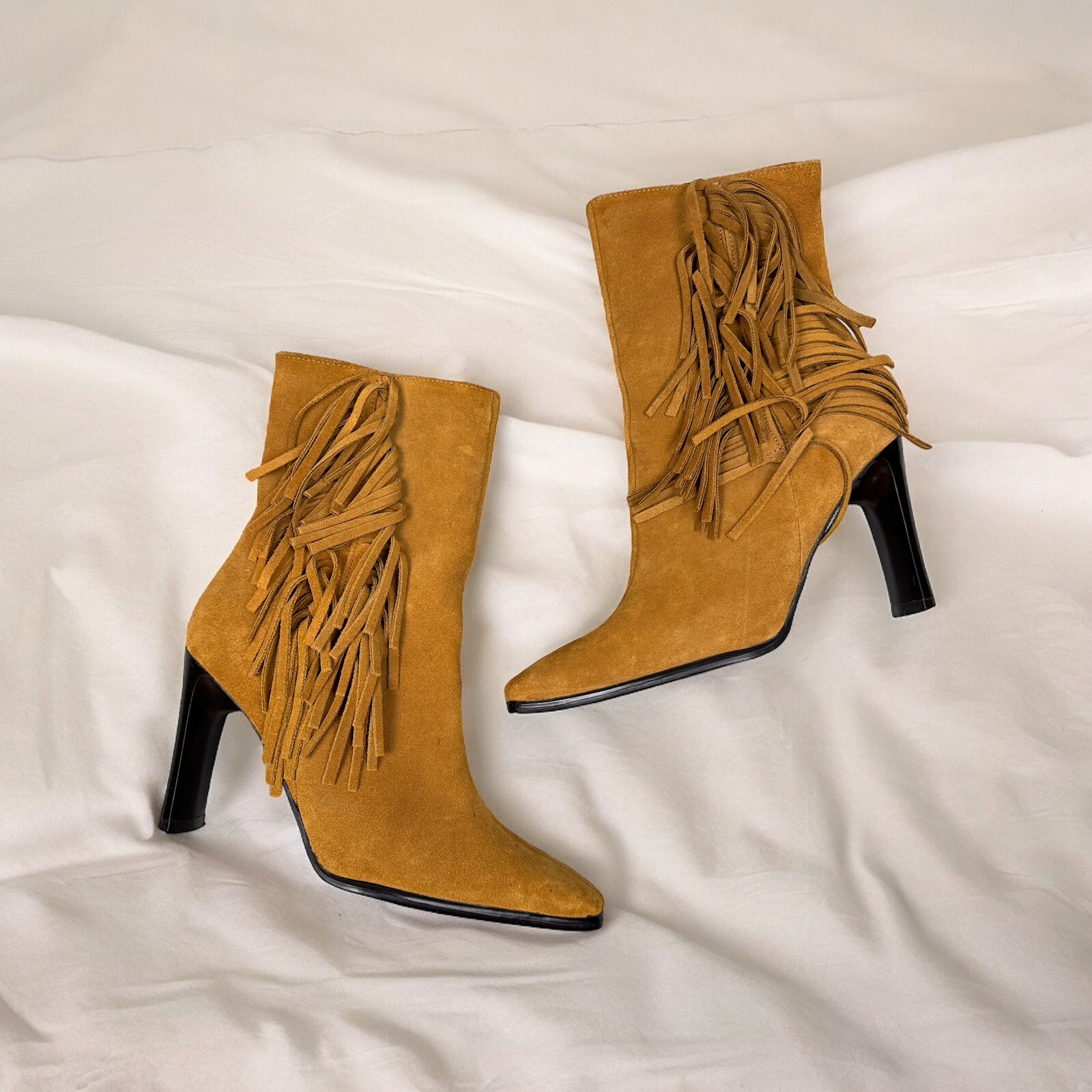 Brown Suede Fringe Ankle Boots Y2K Boho Chic Western Cowgirl Square Toe 90s US 6