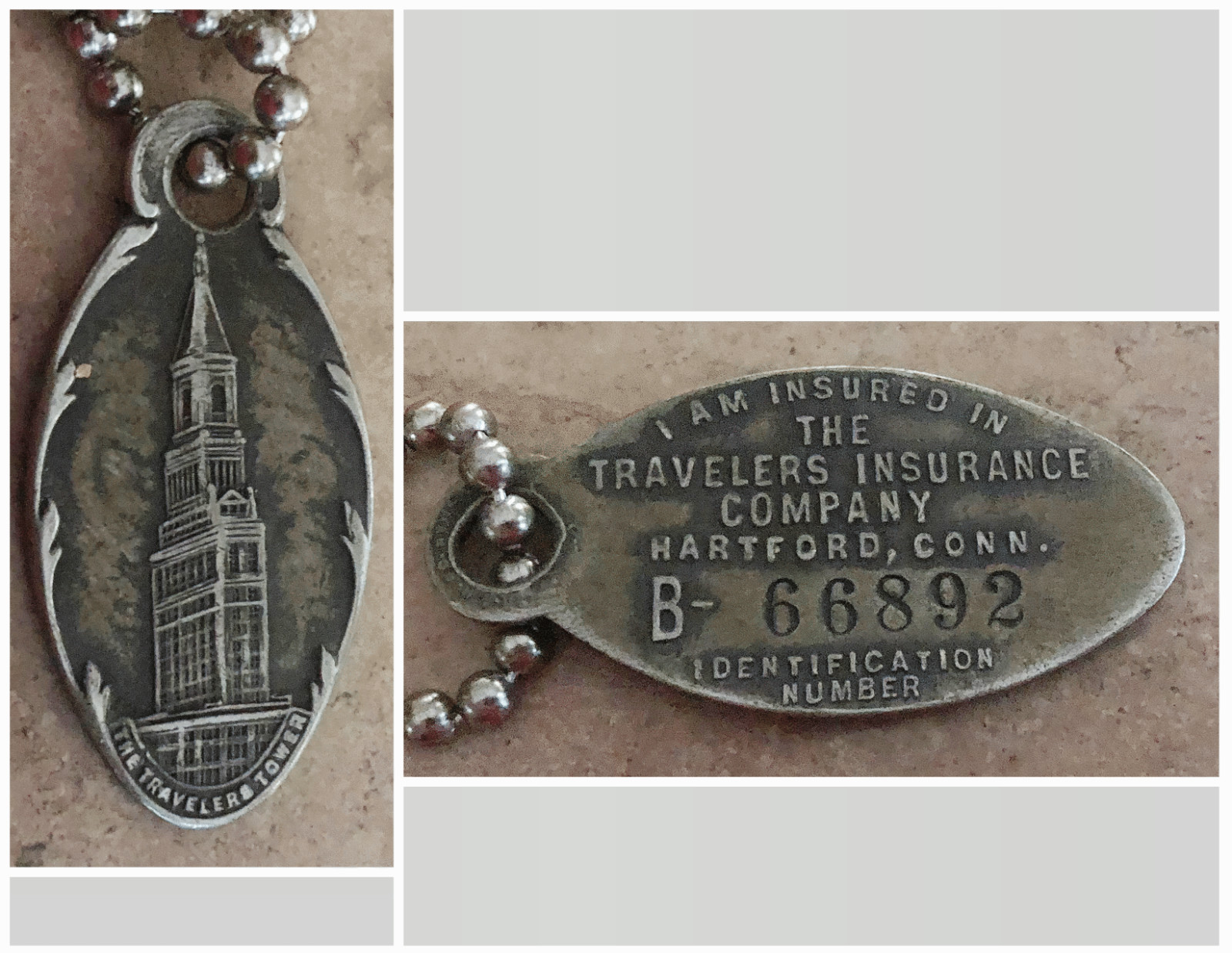 Vintage Policy Holder Key Fob Tag: Travelers Insurance Co; Building Tower Design