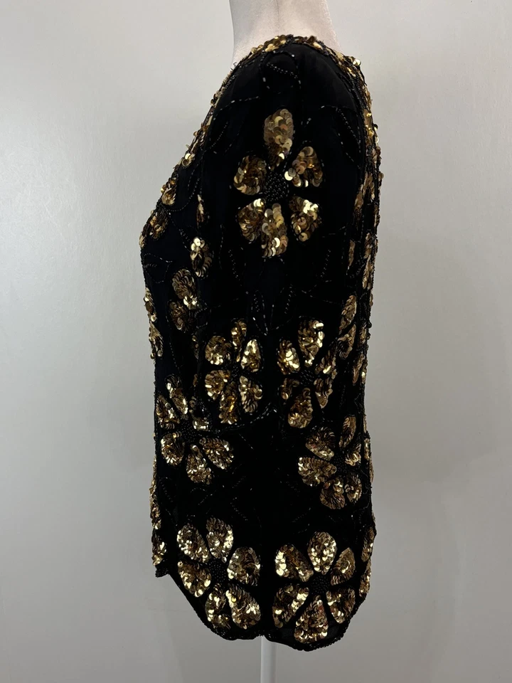 Blusa Camisa De Colección Stenay Lentejuelas Talla Mediana Para Mujer Negra Dorada Margarita Floral Años 80 Foto 2 de 4