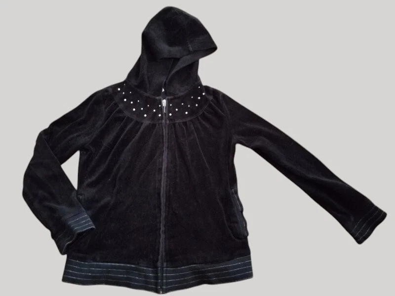 * Jaqueta CIRCO preta de veludo com capuz zíper frontal detalhes de strass para meninas tamanho 7-8 - Imagem 4 de 4