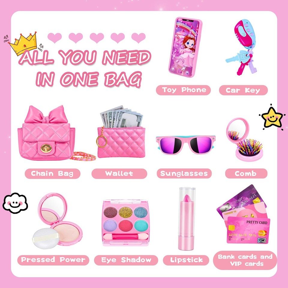 Little Girl Purse with Makeup Kit, My First Purse Set with Chain Bag