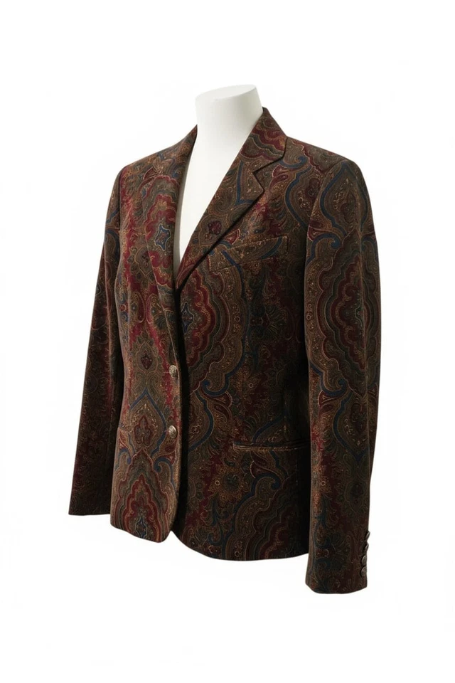 Chaqueta Blazer Vintage Ralph Lauren Estampado Cachemira Terciopelo Damasco P/M Acogedora Cabina Foto 2 de 4