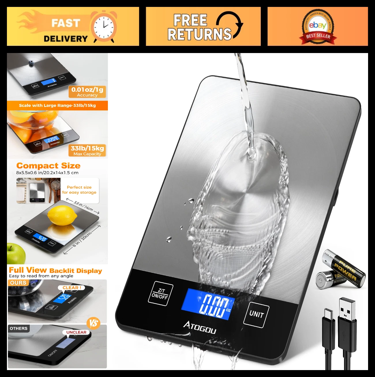 Digital Kitchen Food Scale 33lb - Rechargeable, Water-Resistant, USB-C, Stainles