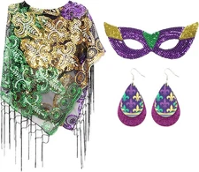 Fumwase 3Pcs Mardi Gras Shawl Scarf Costume Carnival Mask Earrings Mardi... 