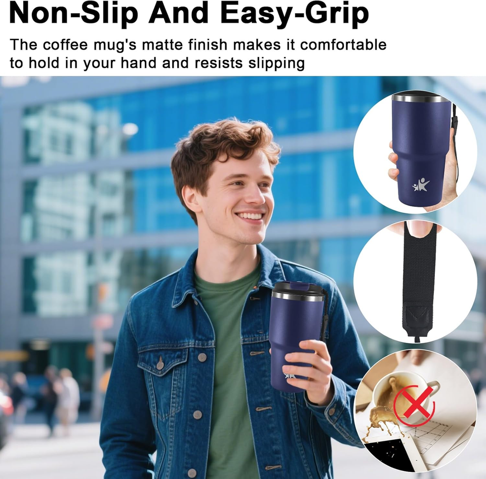 Tazza Termica Da Viaggio In Acciaio Inox 470ml Con Cannuccia - Bicchiere Termico Per Caffè, Anti-perdite E Portabile - Colore Nero - 3