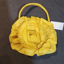 Vtg Yellow Ruffled Silk Handbag With Floral Design By Rachel Co New York