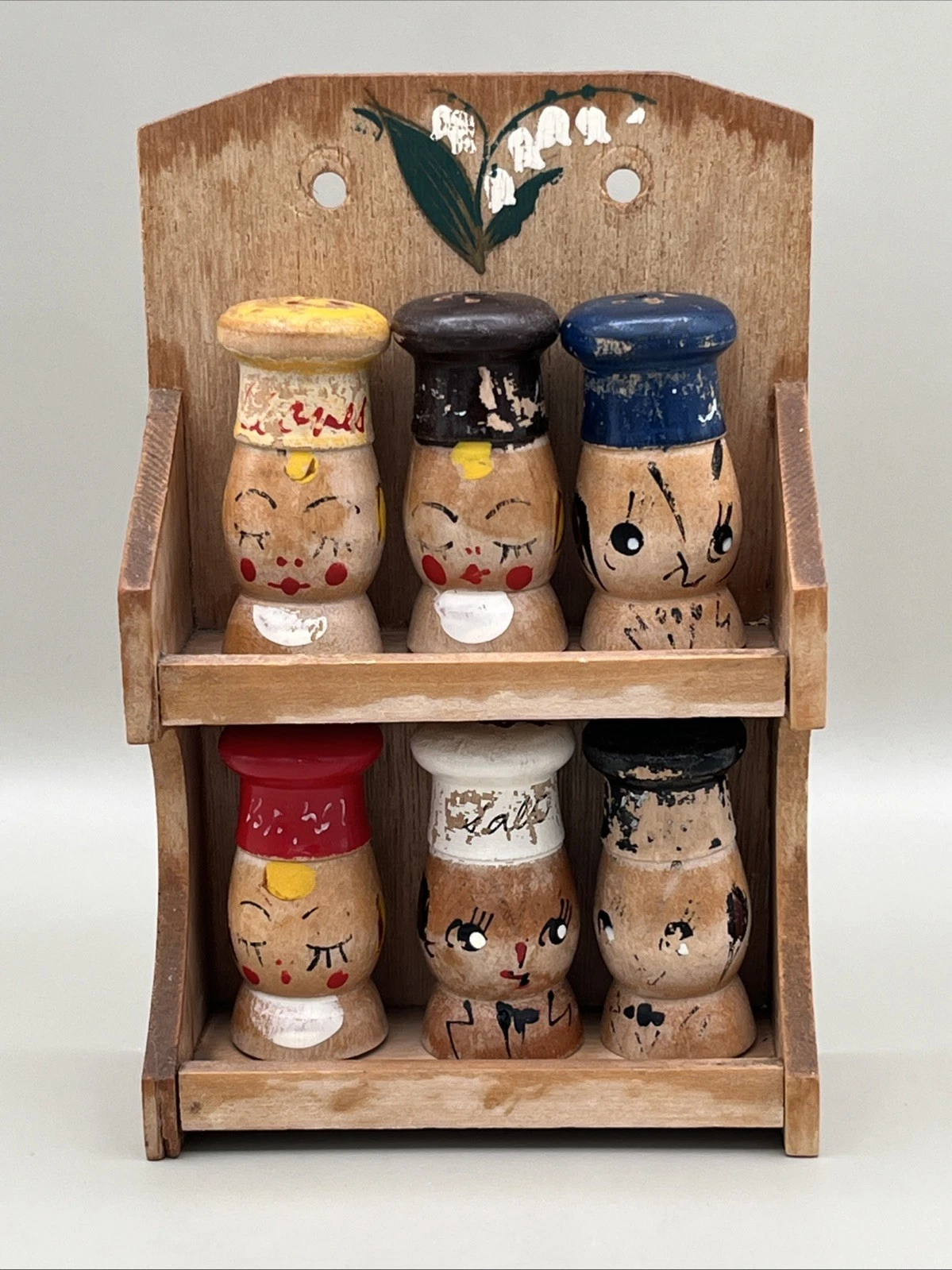 Vintage Hand Painted Wooden Hanging Spice Rack Anthropomorphic MCM Japan Made