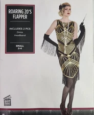 Roaring 20s Flapper Black Gold Dress & Headband Fun Costume Womens Halloween New