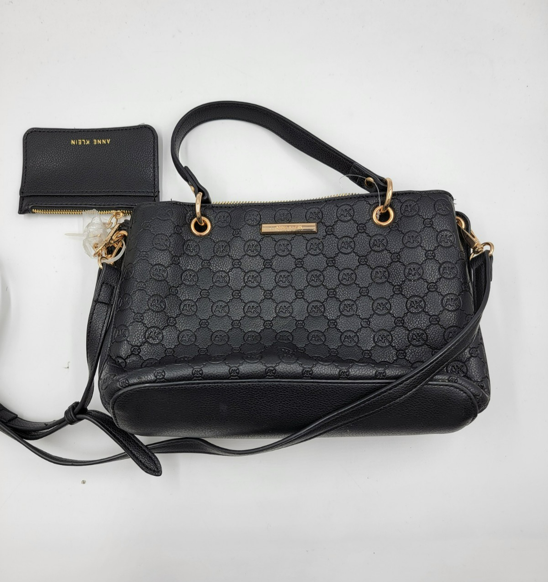 Anne Klein AK Embossed Logo Bag with Pouch Women's Black Zip Snap Anne Klein AK Embossed Logo Bag with Pouch Women's Black Zip Snap