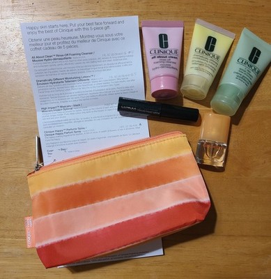 NWT Clinique 6 PC Jonathan Cohen Striped Bag Travel Skincare Makeup Gift Set ~