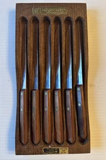Forgecraft Vintage Steak Dinner Knives Stainless Wood Handle w/ Holder Set of 6